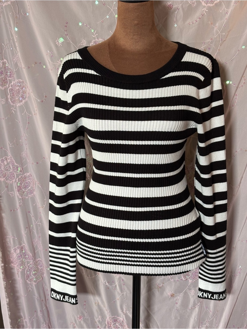 DKNY Black and White Striped Knit Sweater